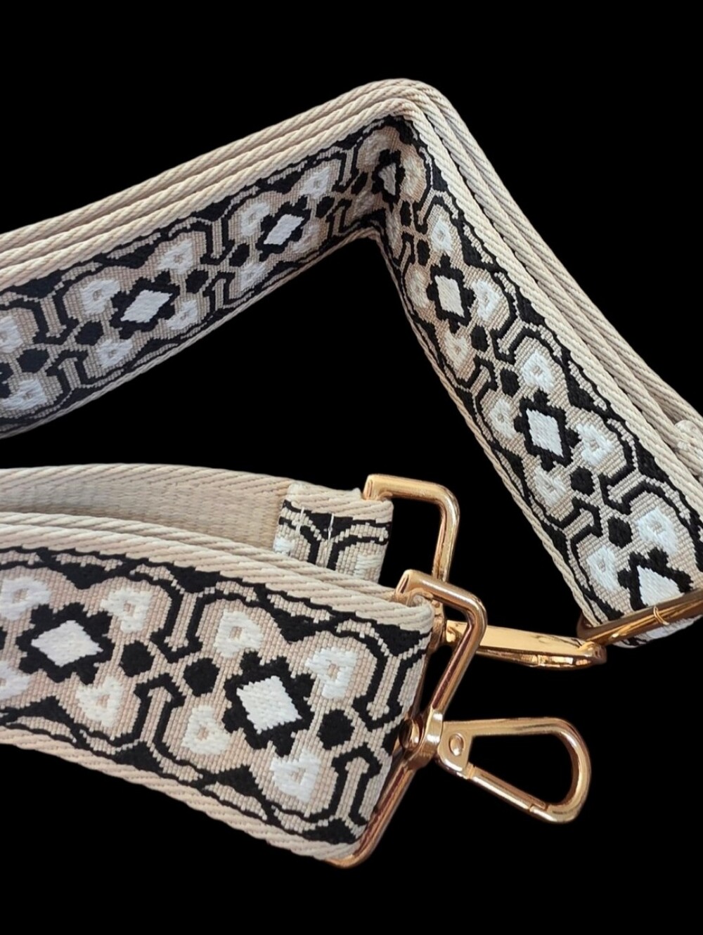 Crossbody Strap. Adjustable Beige & Black Woven Bag Strap with Gold Hardware